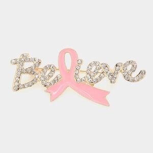 Pink Ribbon Brooch BELIEVE Gold Rhinestone Bow Cancer Pin Accessory Message